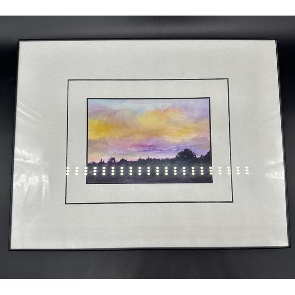 Watercolor Painting Evening Sky Purple Yellow Signed Original Wall Art J Scott - Picture 2 of 9